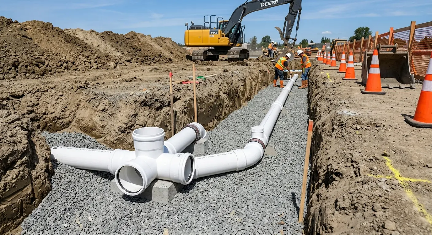 New PVC sewer pipe installation in open trench for Sewer Backup in Camp Pendleton South