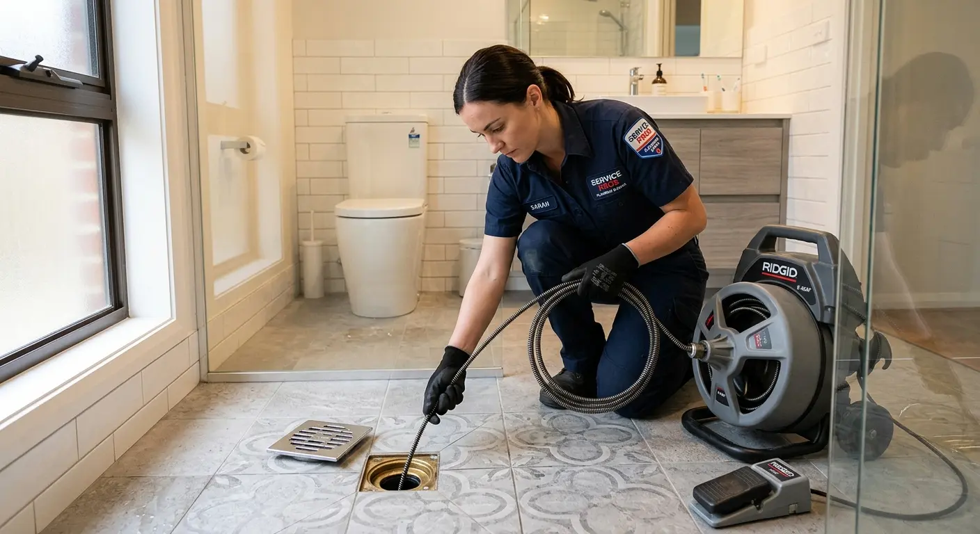 Technician clearing a bathroom floor drain for Sewer Line Installation in Camp Pendleton South
